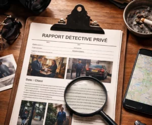 Rapport de détective privé posé sur un bureau, avec photos de surveillance, loupe et matériel d’enquête