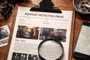 Rapport de détective privé posé sur un bureau, avec photos de surveillance, loupe et matériel d’enquête